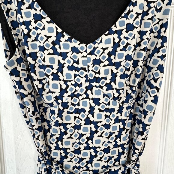 Ann Taylor LOFT Geometric Sheath Dress Belted Babydoll Top Blue Cream Size 4 - Picture 3 of 7